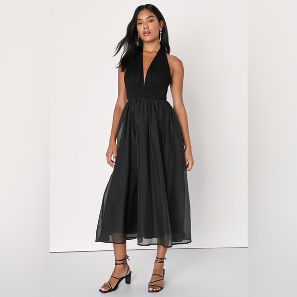 Lulus Delightful Drama Black Textured Halter Backless Midi Dress Womens XL - Picture 1 of 16